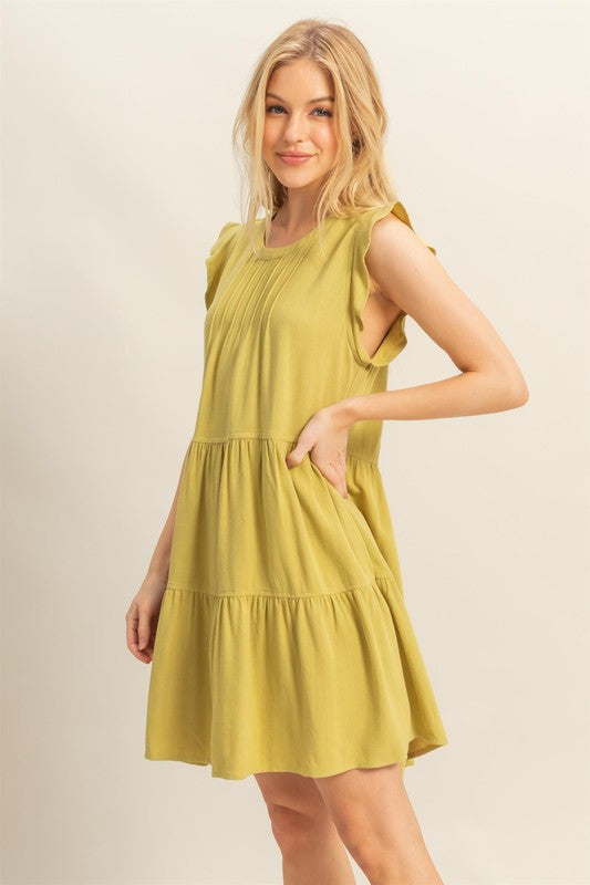 Round Neck Ruffle Sleeve Tiered Dress For Women – Feminine and Playful Tiered Dress with Ruffle Sleeves for Casual or Dressy Occasions