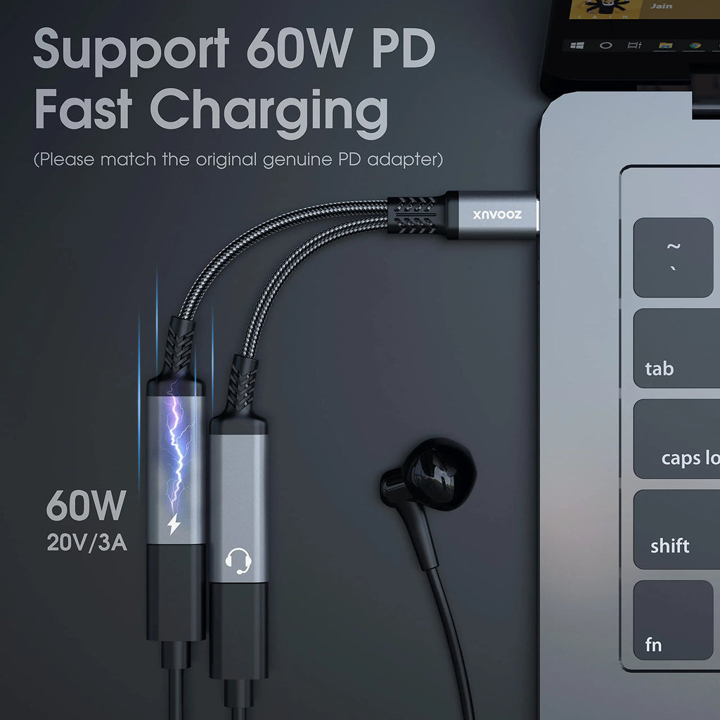 USB C Splitter, ZOOAUX Dual USB C Headphone and Charger Adapter,2-in-1 Type C Audio Dongle Cable with PD 60W Fast Charging