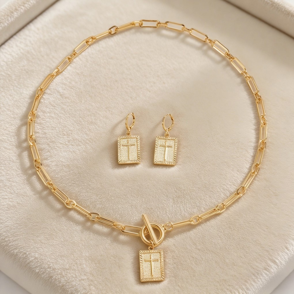 Vintage Cross Square Pendant Necklace & Earrings Set