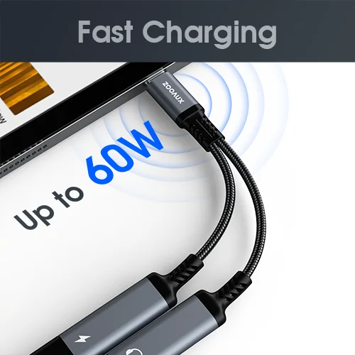 USB C Splitter, ZOOAUX Dual USB C Headphone and Charger Adapter,2-in-1 Type C Audio Dongle Cable with PD 60W Fast Charging