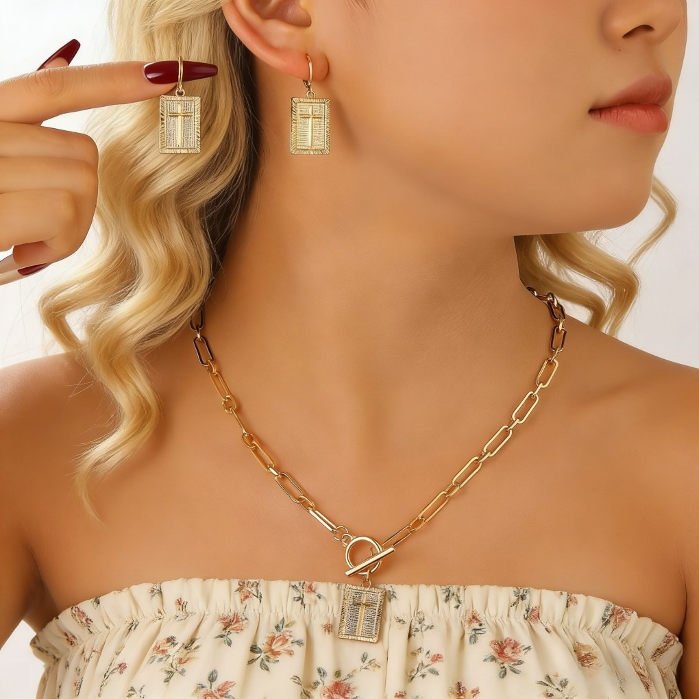 Vintage Cross Square Pendant Necklace & Earrings Set