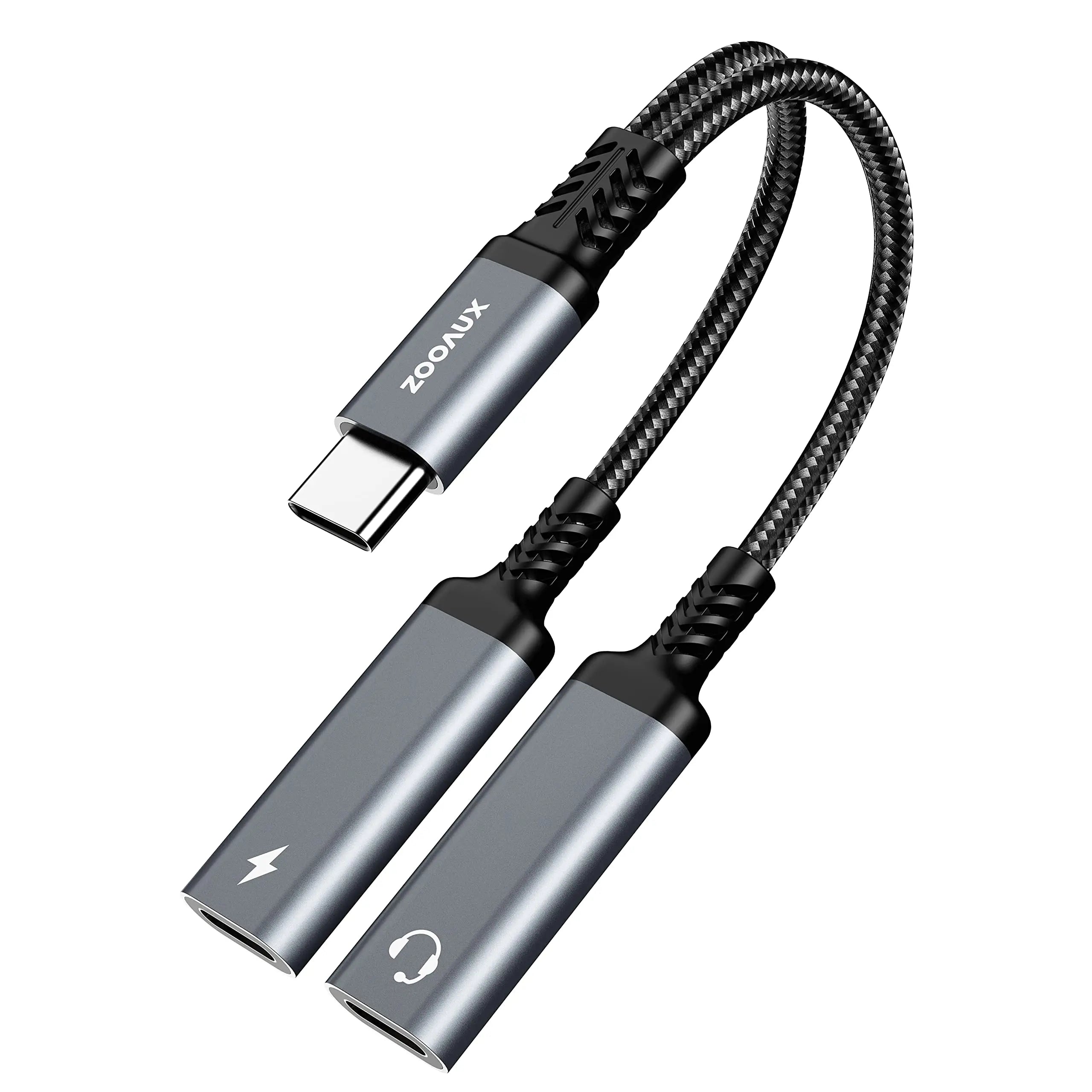 USB C Splitter, ZOOAUX Dual USB C Headphone and Charger Adapter,2-in-1 Type C Audio Dongle Cable with PD 60W Fast Charging