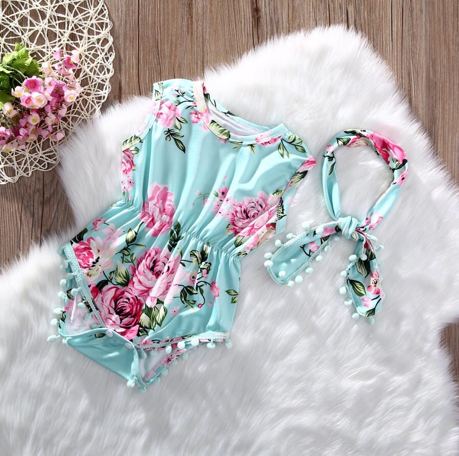 Girl's Floral Pom Pom Romper with Headband - EveryNest