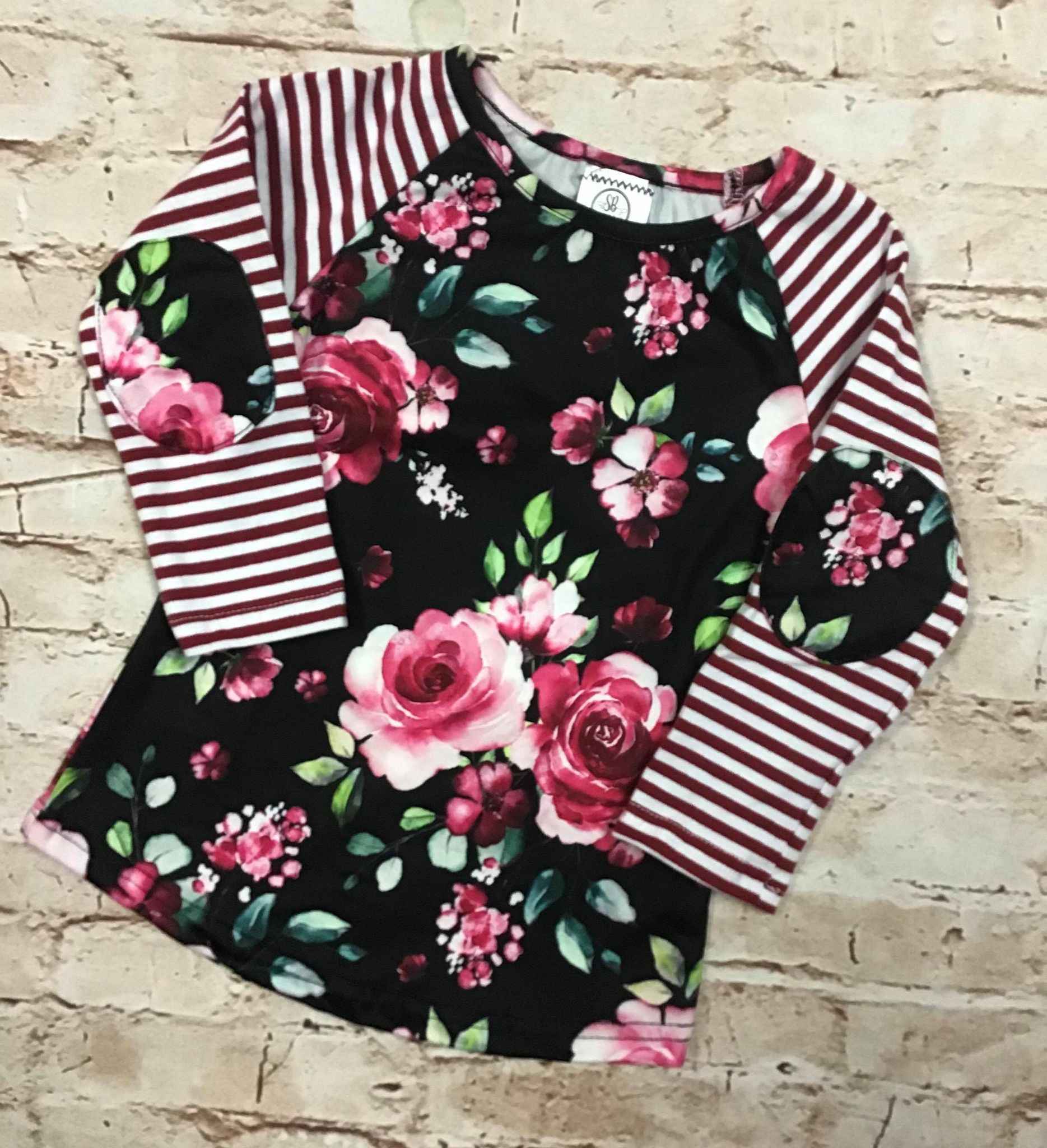 Girl's Maroon Floral Striped Raglan Shirt