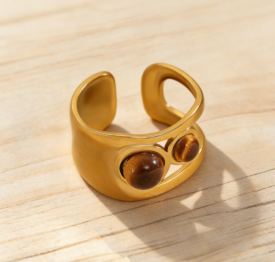 Stainless Steel Openwork Pearl & Tiger Eye Ring