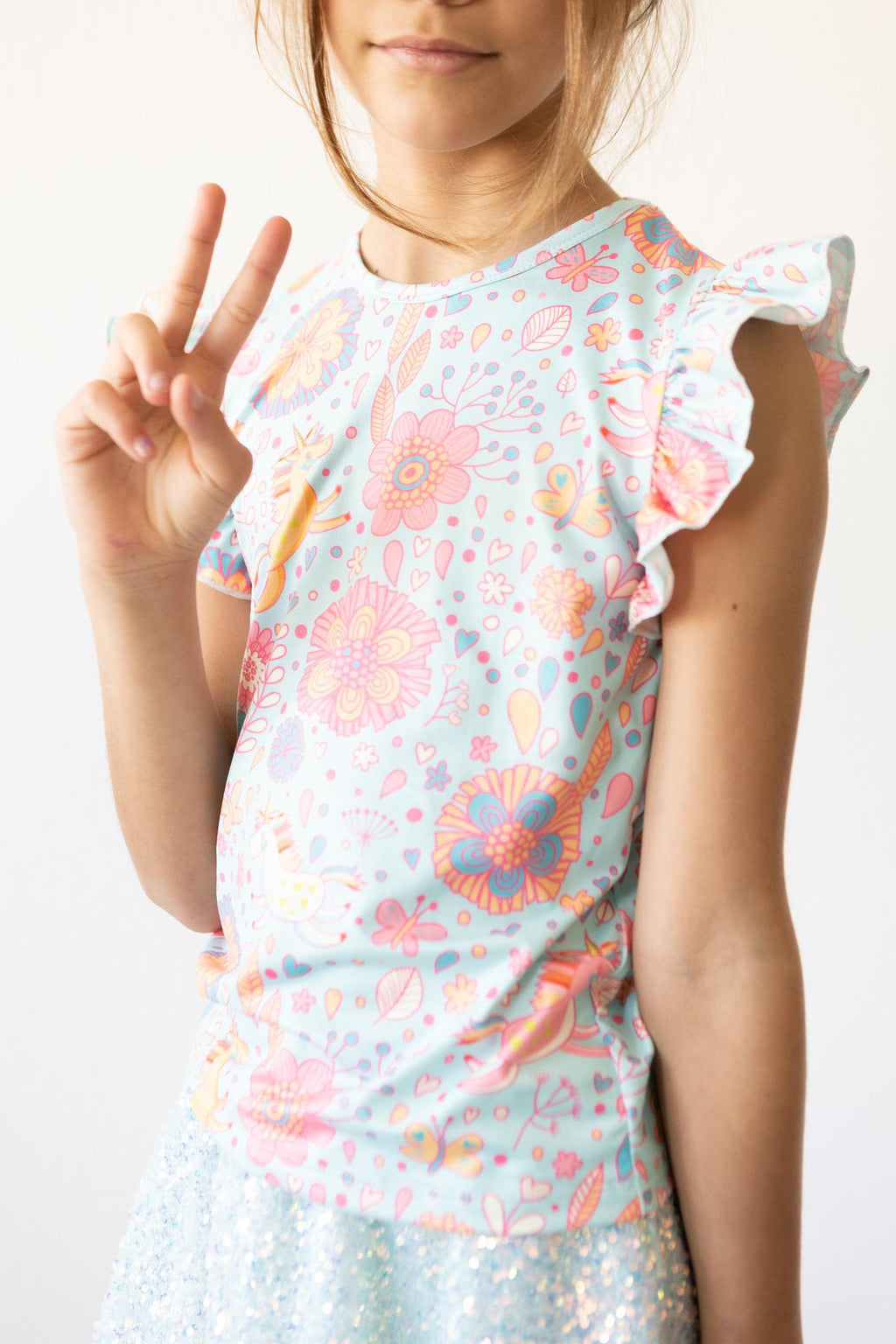 SALE Blue Retro Unicorns S/S Ruffle Tee