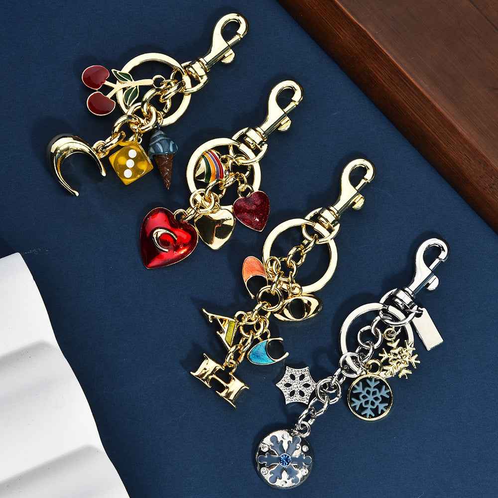 Metal keychain cute fruit set with diamonds apple keyring pendant handbag keyring accessory for women