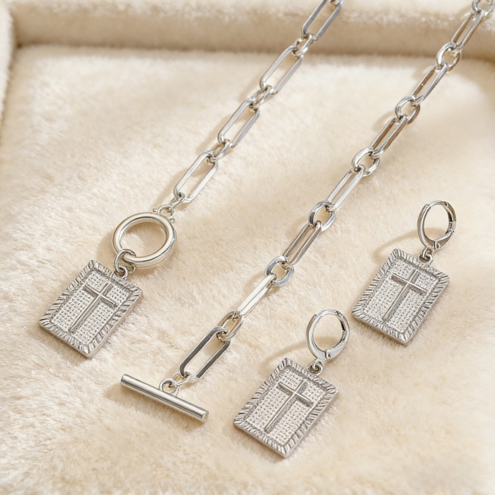 Vintage Cross Square Pendant Necklace & Earrings Set