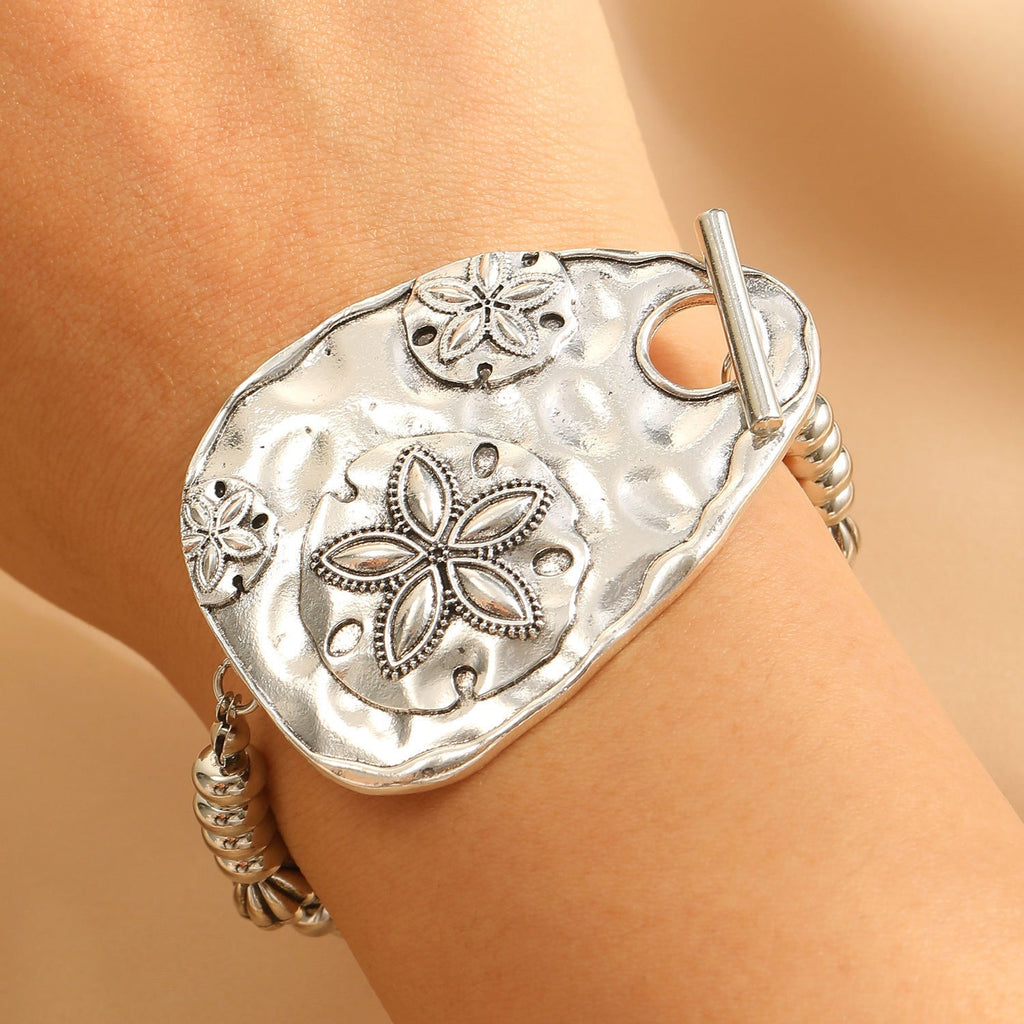 Vintage Bold Engraved Flower & Bead Bracelet