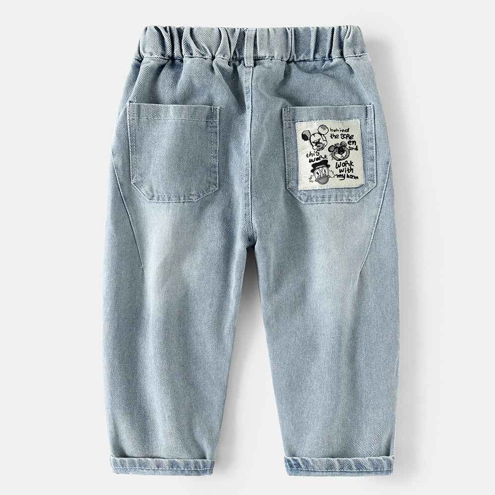 Boy's Casual Cartoon Letter Denim Pants for Kids, Long Pants, Mid to Large Size, Spring and Autumn Style