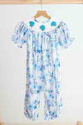 Blue rose hand smocked print girl romper