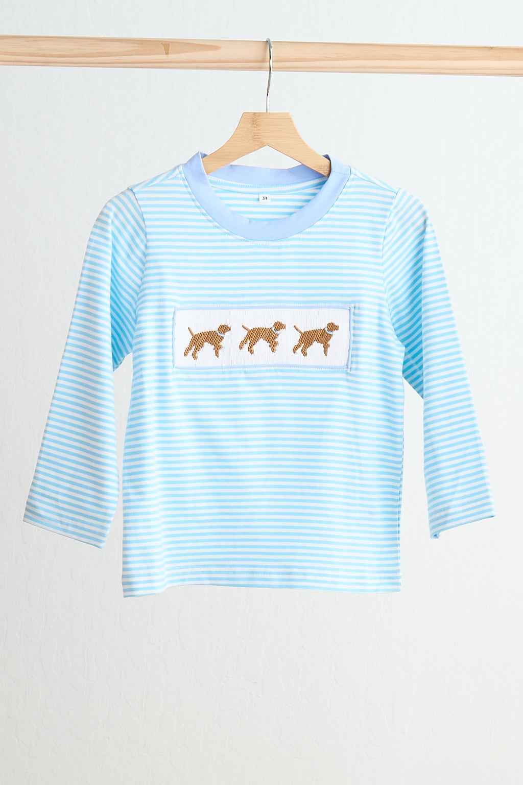 Blue puppy hand smocked boy stripe top