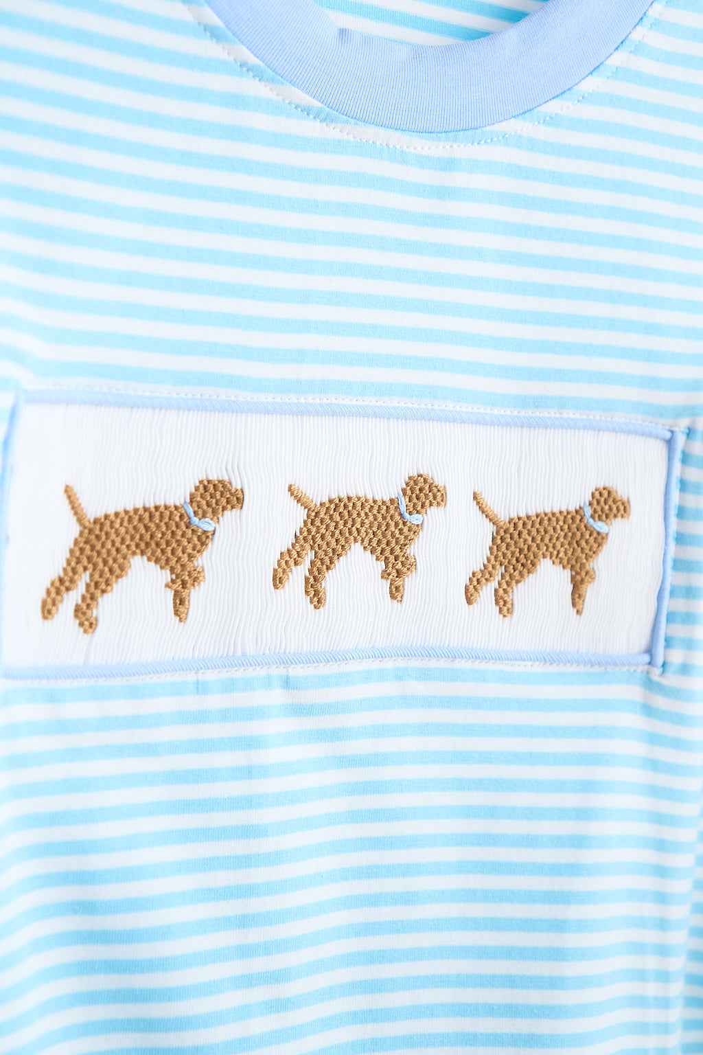 Blue puppy hand smocked boy stripe top