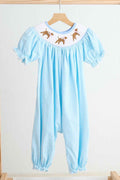 Blue puppy hand smocked girl romper