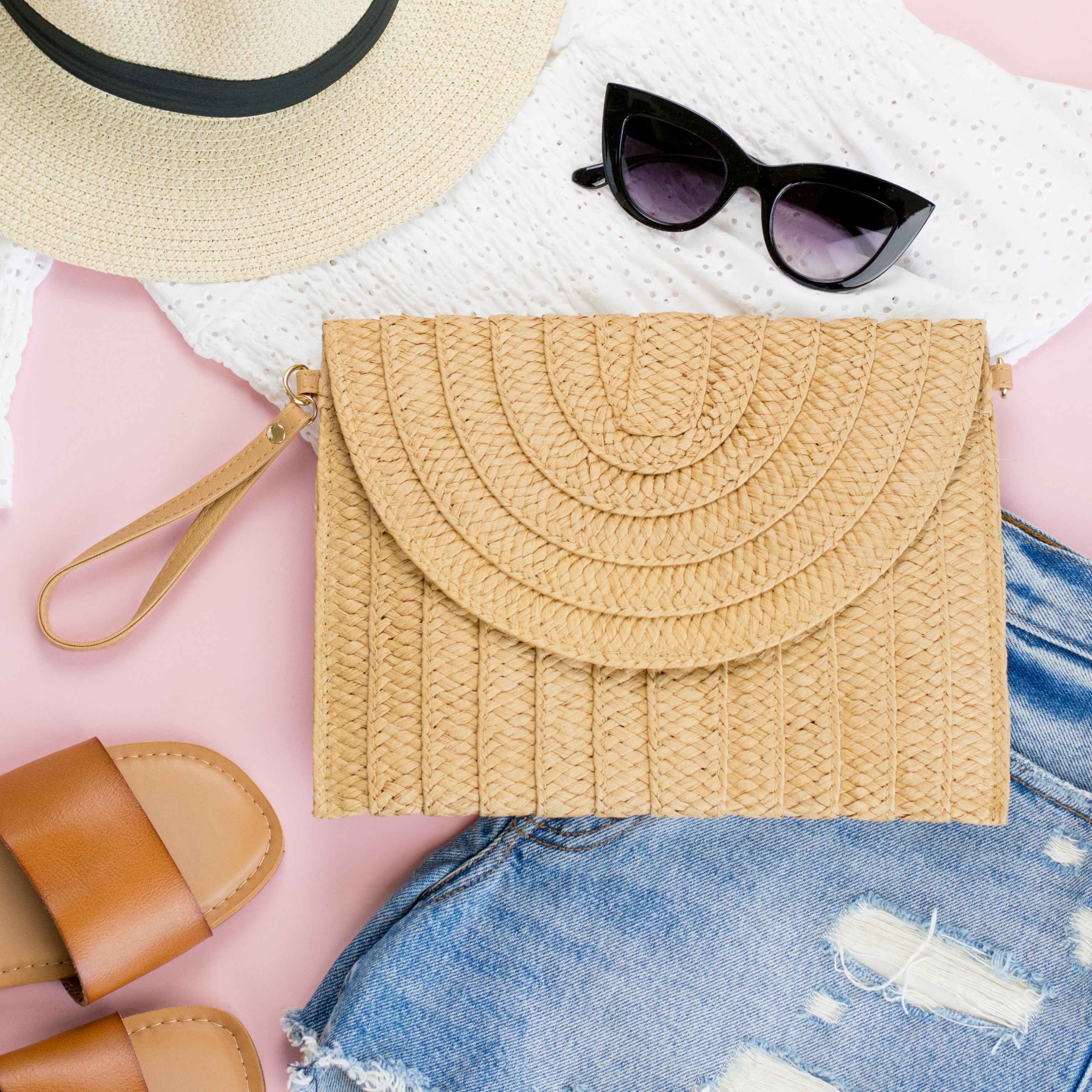 Straw Foldover Convertible Clutch