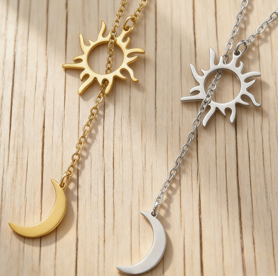 Stainless Steel Sun & Moon Y-Shaped Necklace