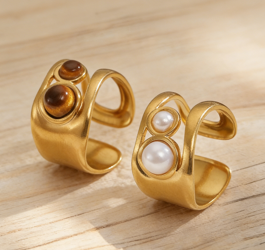 Stainless Steel Openwork Pearl & Tiger Eye Ring