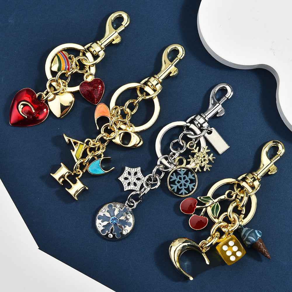 Metal keychain cute fruit set with diamonds apple keyring pendant handbag keyring accessory for women