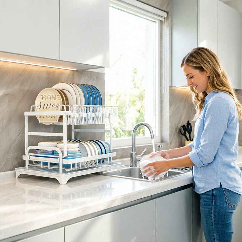 2-Tier Large Capacity Dish Drying Rack, Rustproof Carbon Steel Kitchen Sink Drainer with Cutting Board & Utensil Holder