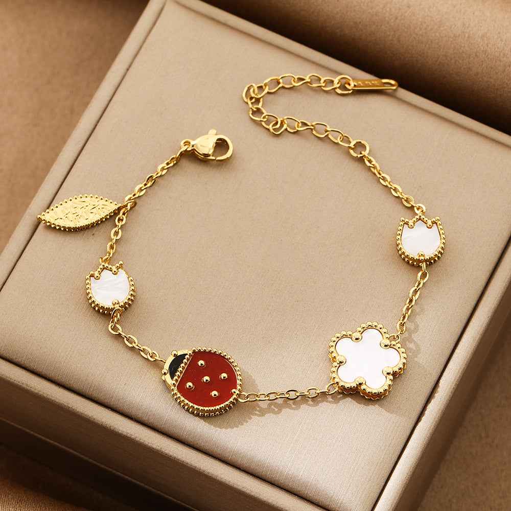 Romantic Cherry Blossom Seven Star Ladybug Bracelet Double sided Fritillaria Five Flower Bracelet