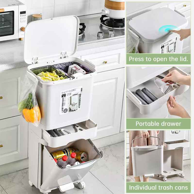 42L Kitchen Trash Can 3 Compartments with Pedal & Wheels, Recycling Bin
