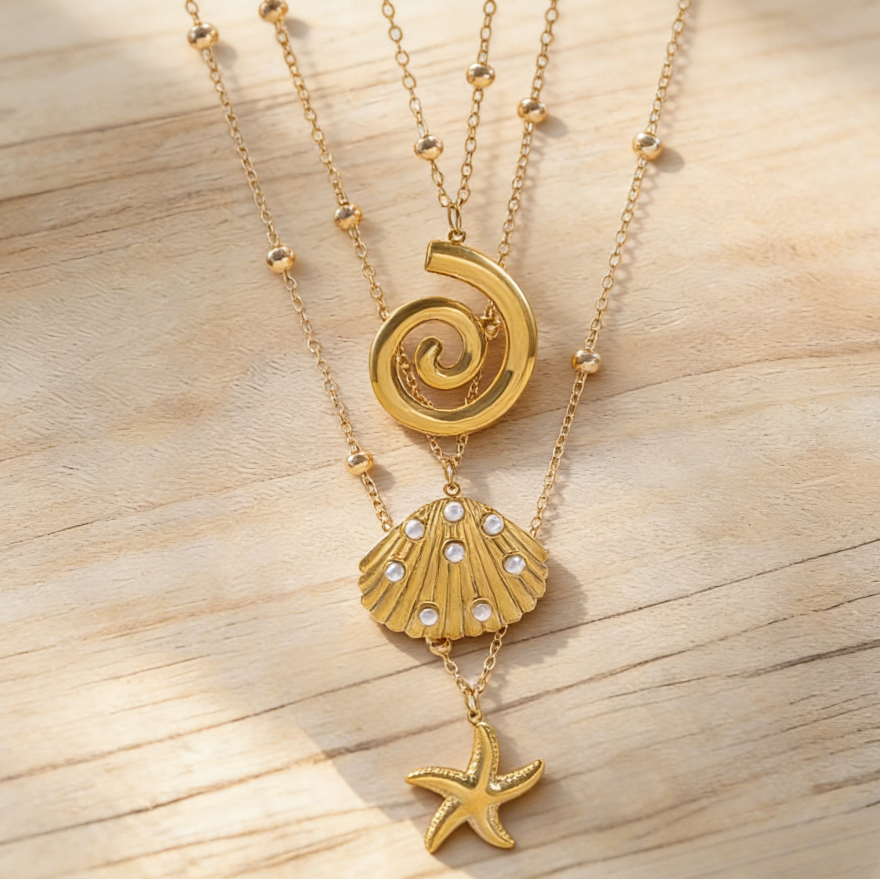Stainless Steel Starfish & Shell Pendant Necklace