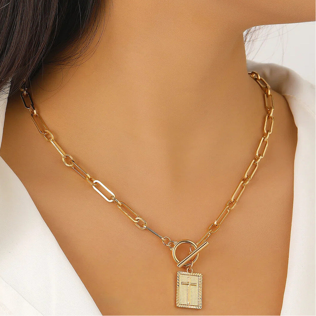 Vintage Cross Square Pendant Necklace & Earrings Set