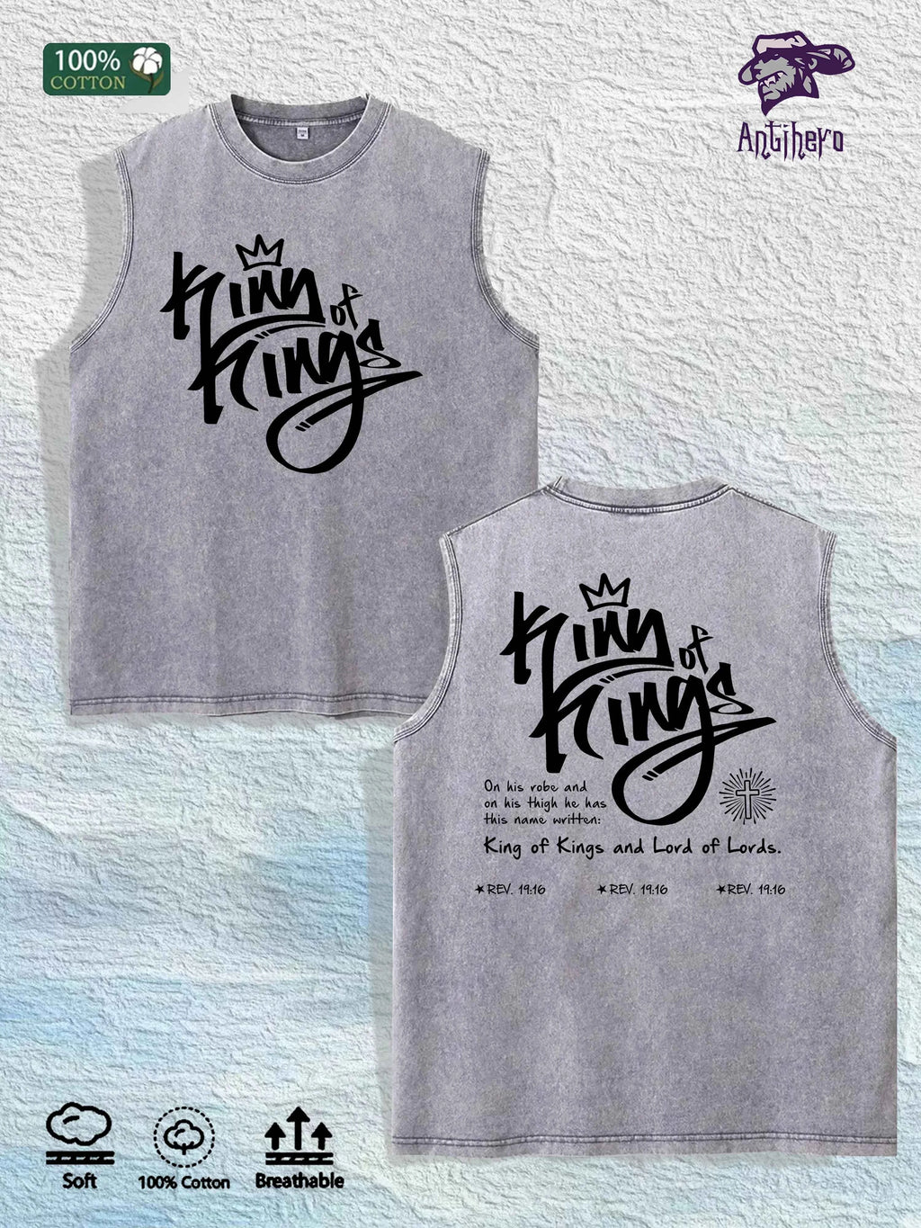 King of Kings Religious Graphic Washed Vest US Warehouse 3 Colors Cotton Tank