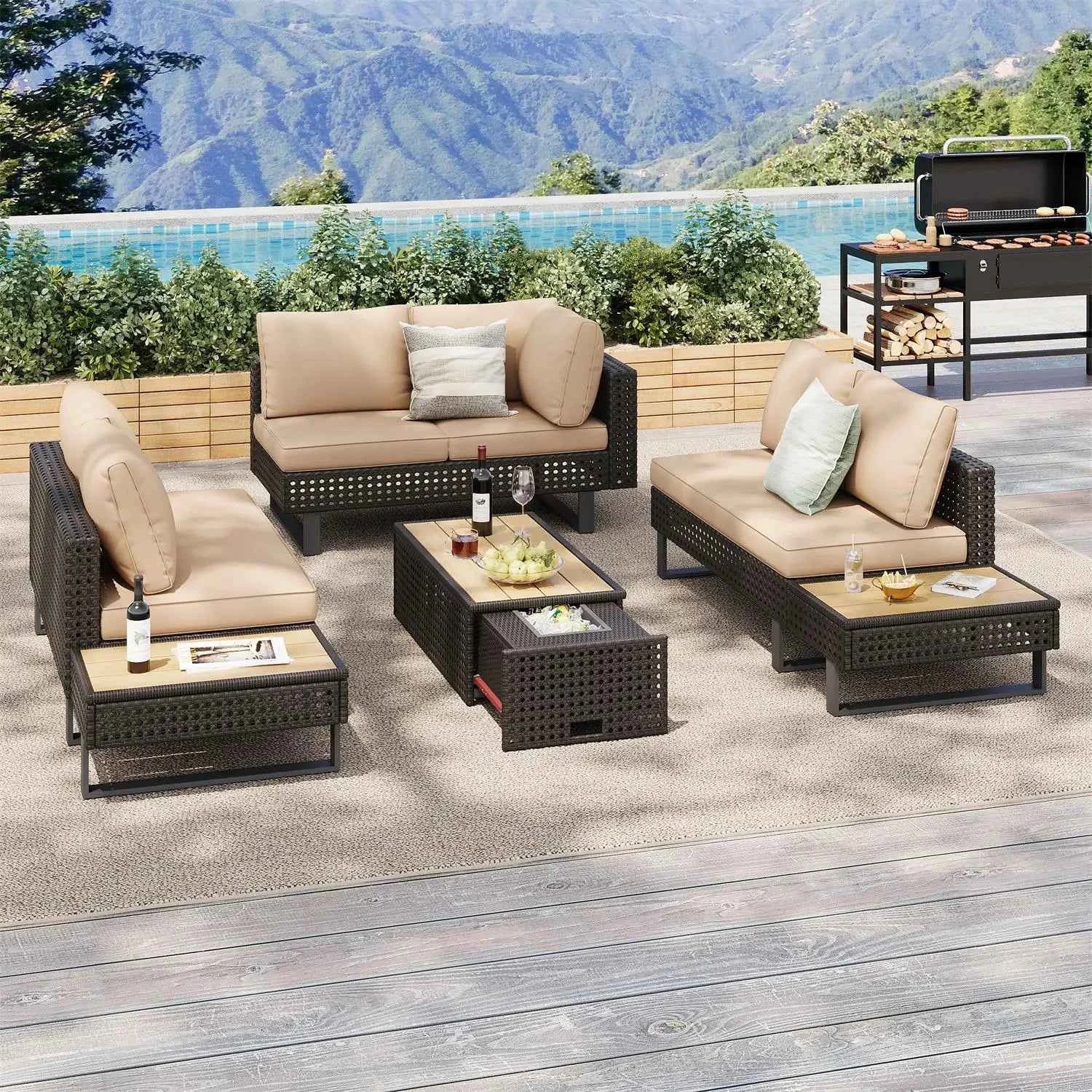 4 Pieces Diamond Weave Patio Sectional Furniture Set With Extendable Coffee Table with Ice Bucket for Backyard in Khaki+Brown