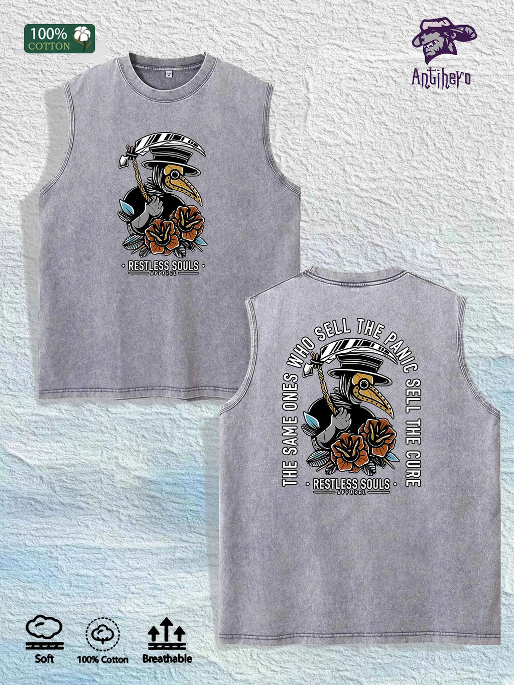 Restless Souls Graphic Washed Vest US Warehouse 3 Colors Cotton Tank
