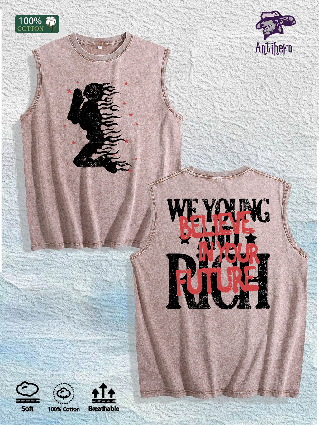 Young Rich Future Graphic Washed Vest US Warehouse 3 Colors Cotton Tank