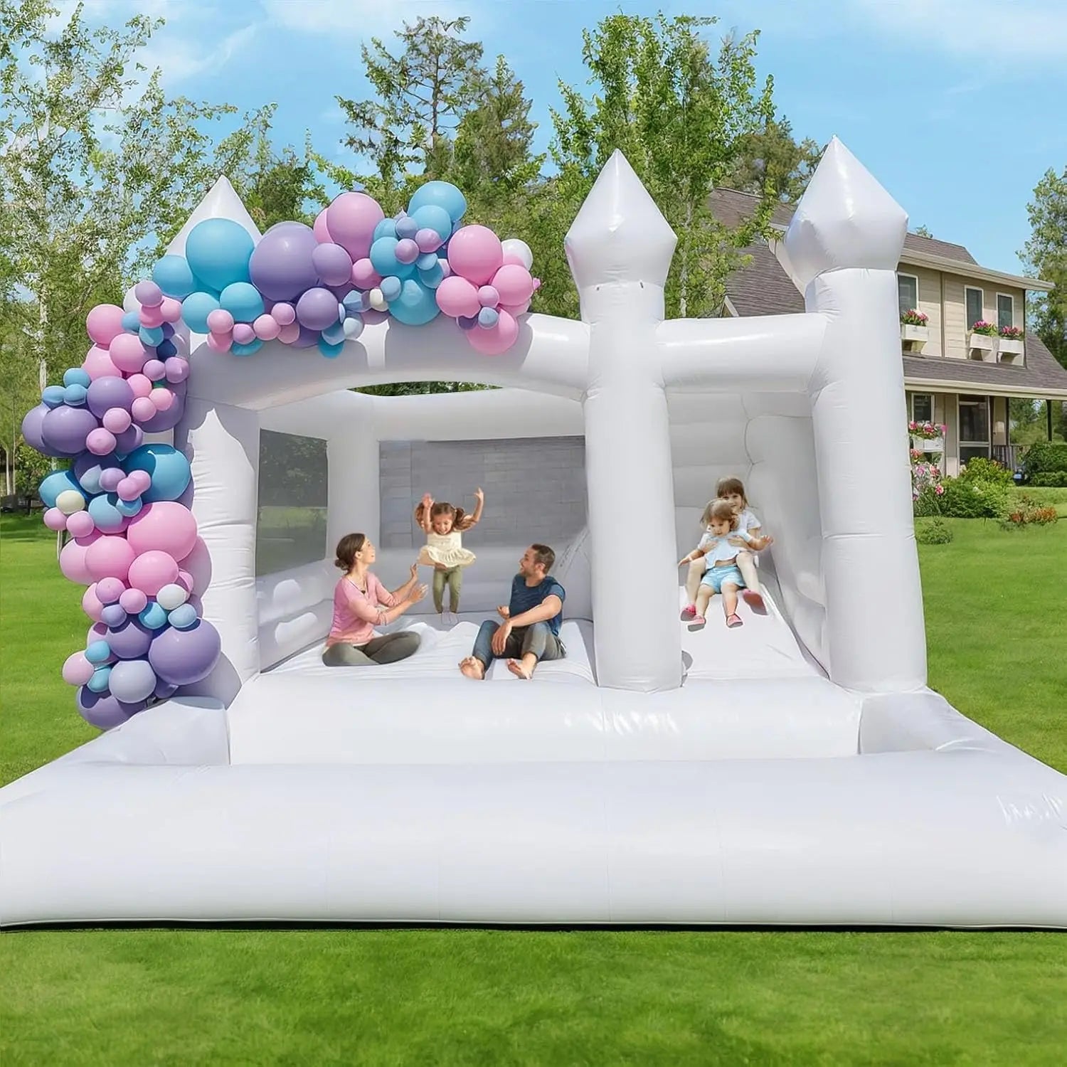 15x15FT 100% PVC White Inflatable Bounce House with Slide, Ball Pit for Kids and Adults Birthday Wedding Party