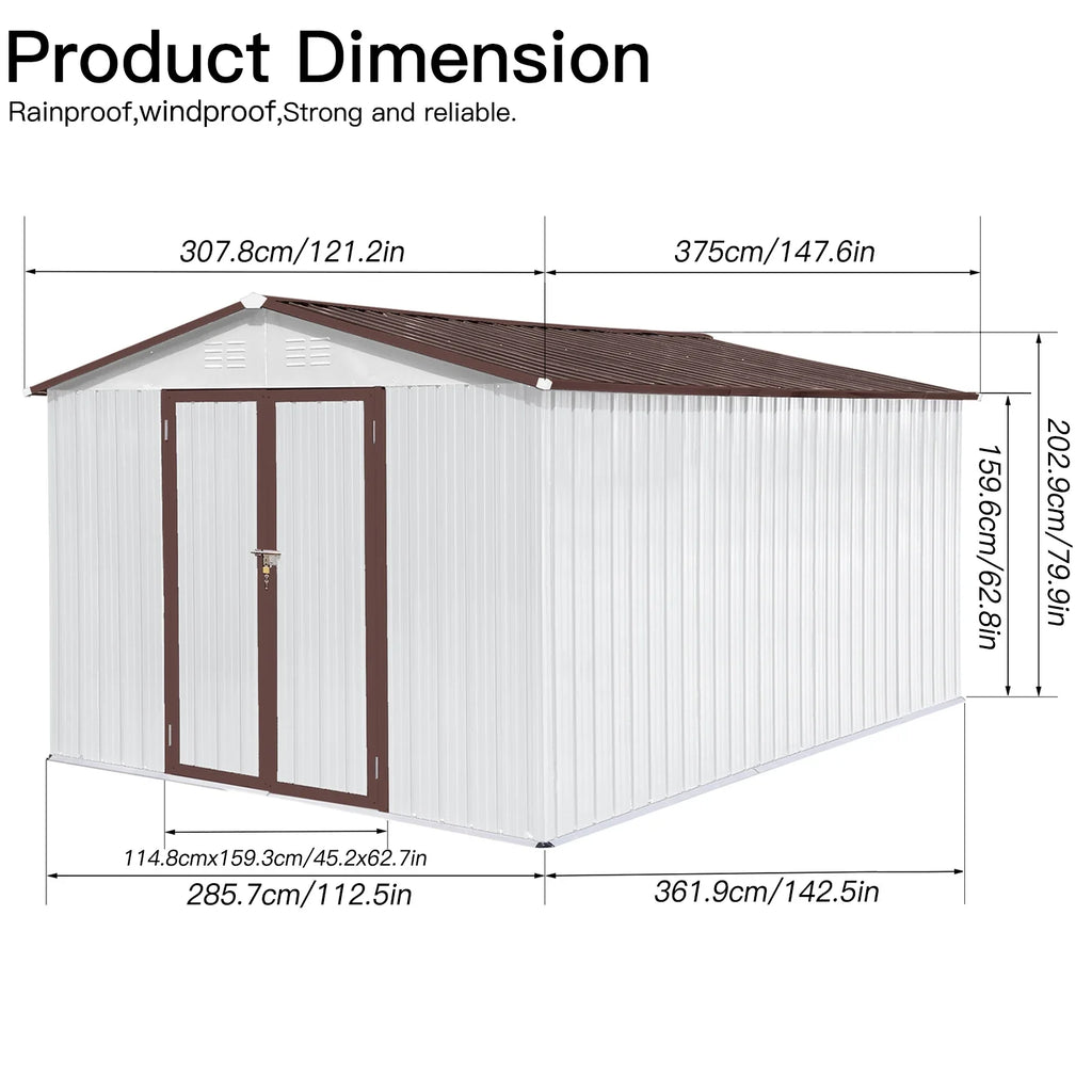 Outdoor Storage Sheds 10X12FT Apex Roof in Brown Roof+White Walls Without Foundation