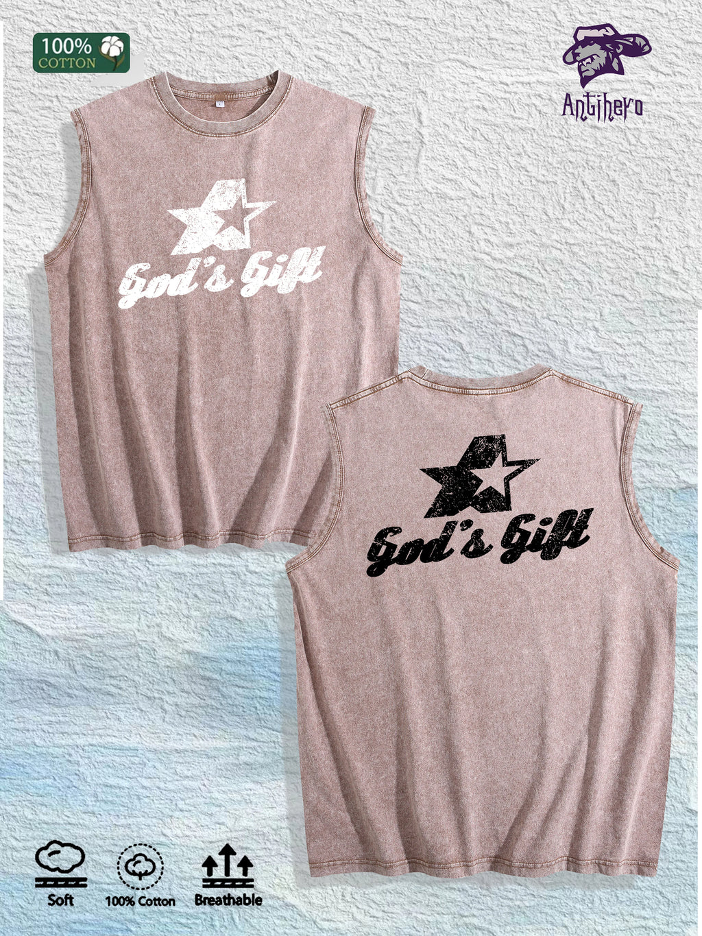 God s Gift Graphic Washed Vest US Warehouse 3 Colors Cotton Tank