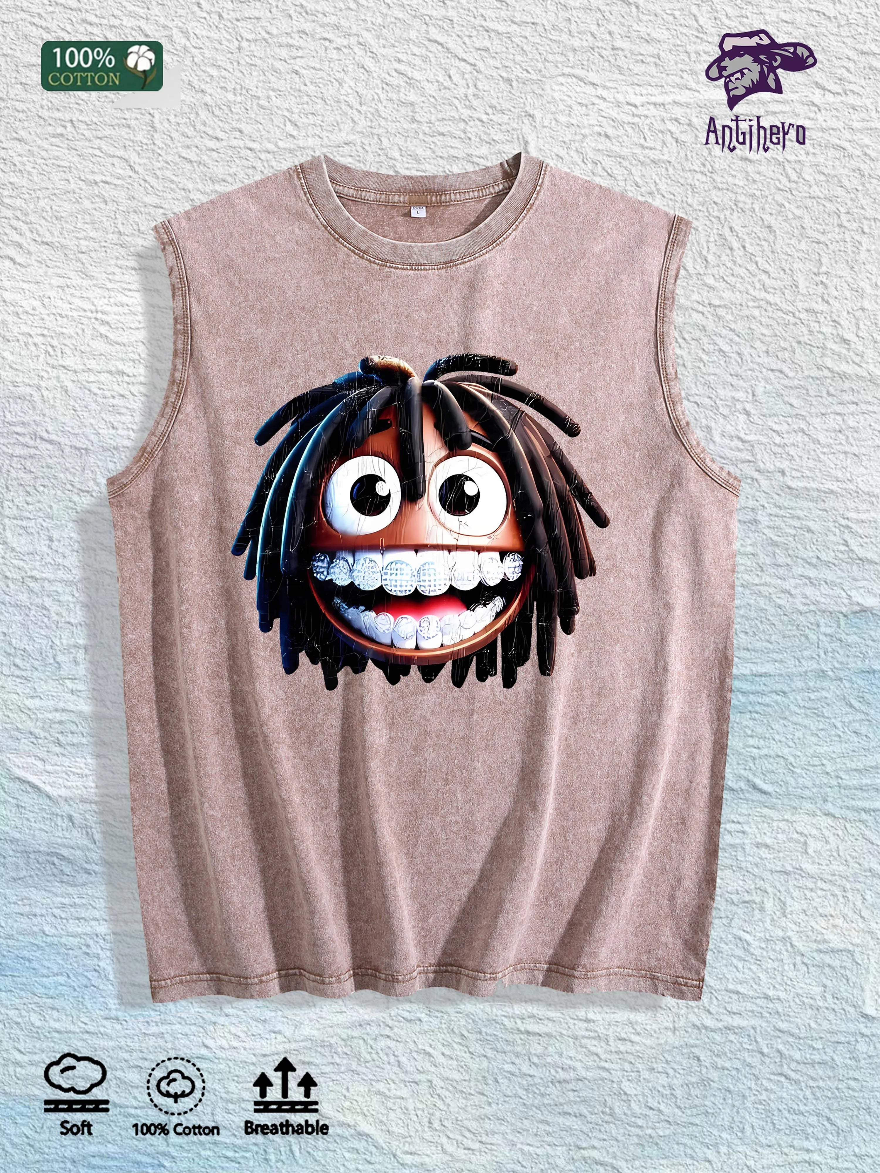 Cartoon Dreadlocks Character Graphic Washed Vest US Warehouse 3 Colors Cotton Tank