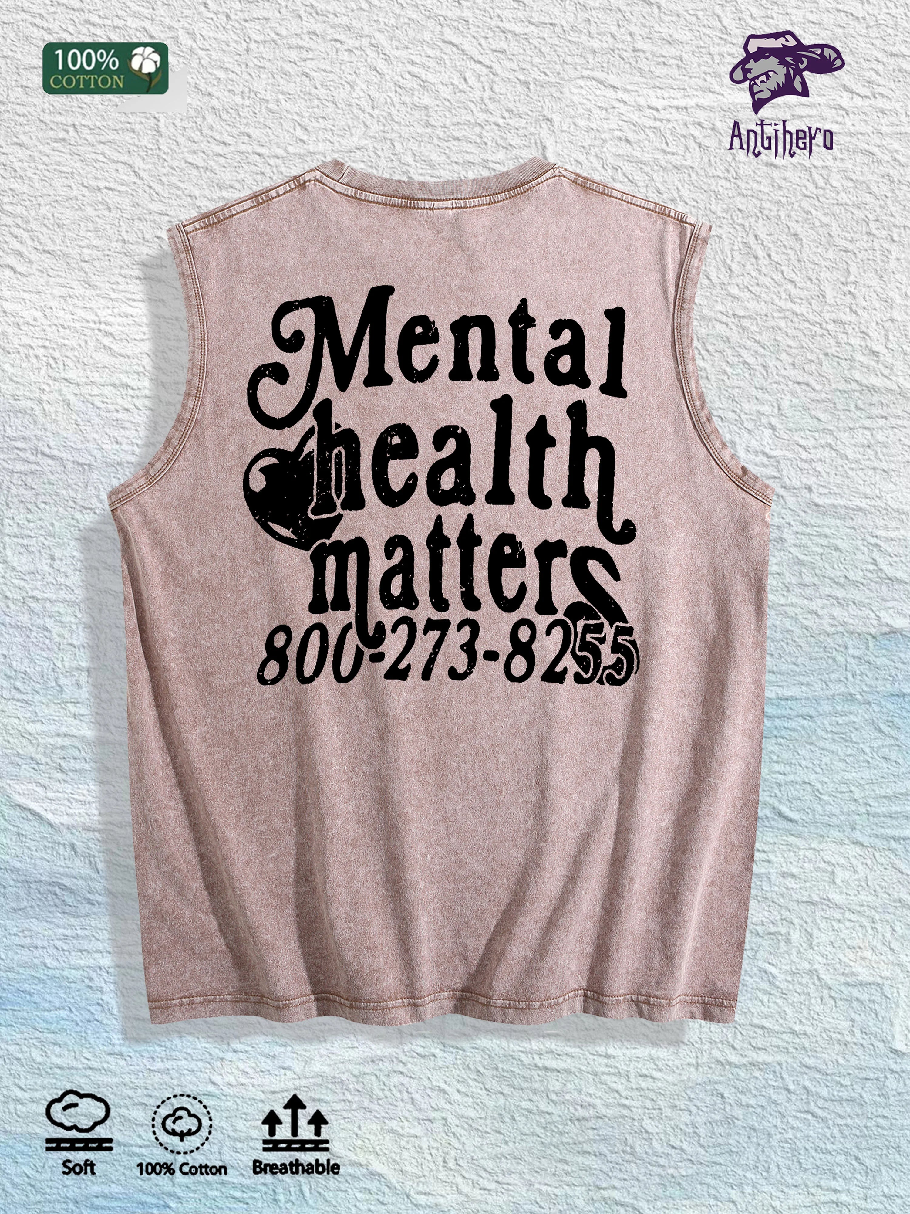Mental Health Matters Graphic Washed Vest US Warehouse 3 Colors Cotton Tank