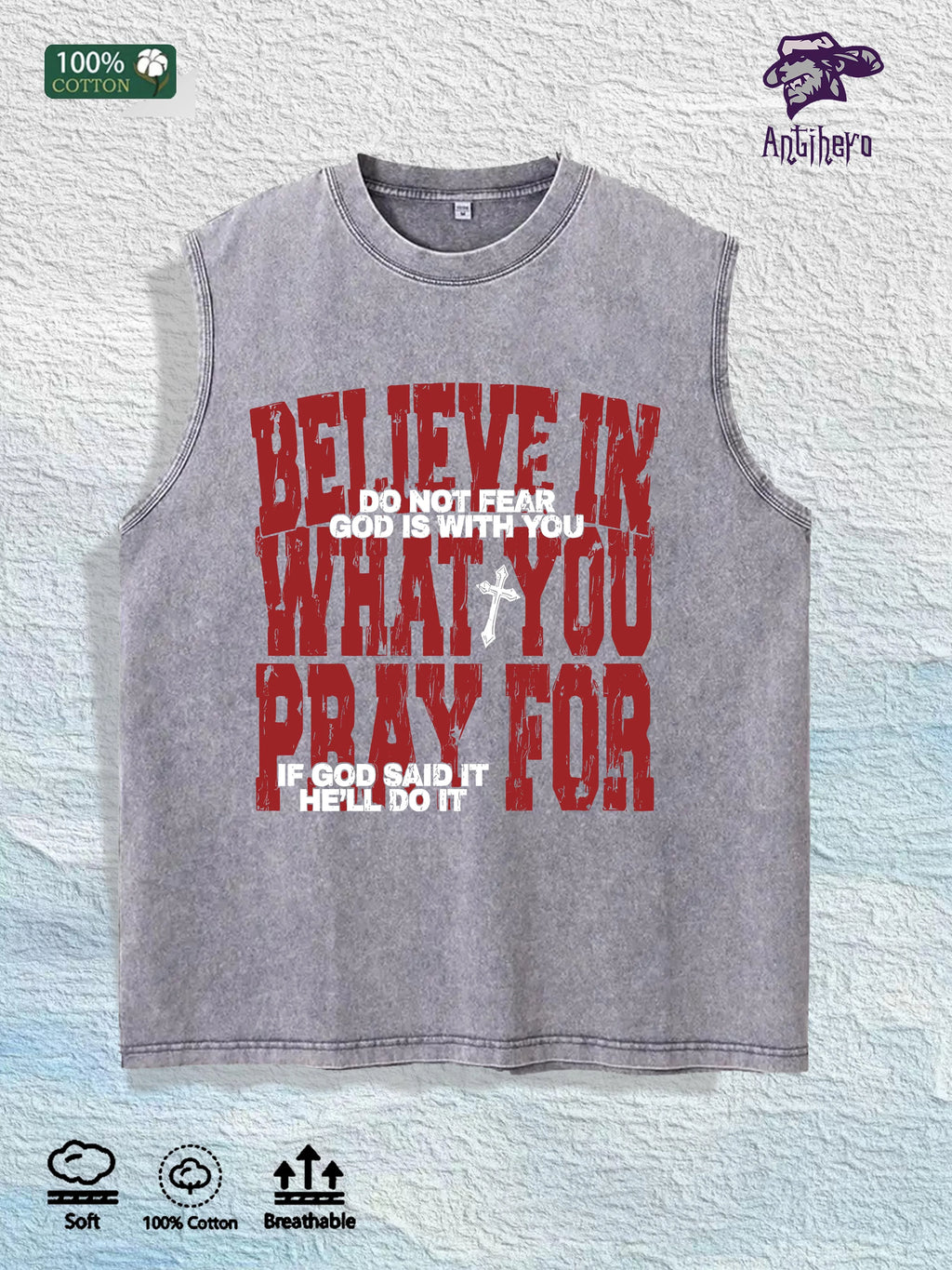 BELIEVE in WHAT YOU PRAY for Graphic Washed Vest US Warehouse 3 Colors Cotton Tank