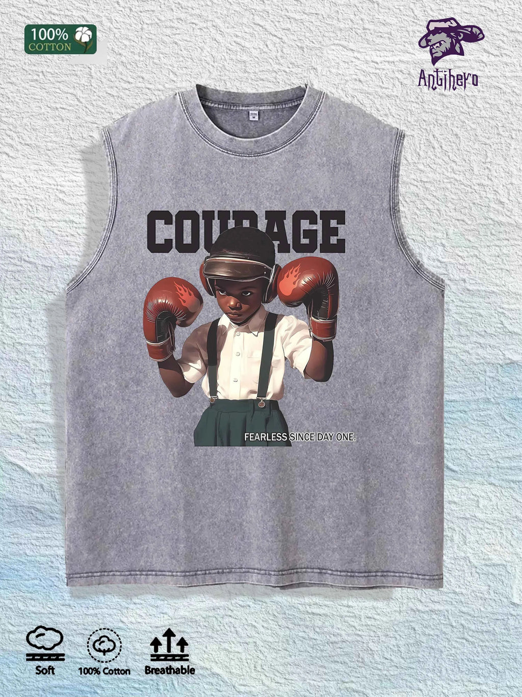 COURAGE Fearless Graphic Washed Vest US Warehouse 3 Colors Cotton Tank