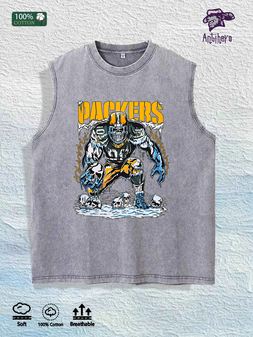 PACKERS Football Graphic Washed Vest US Warehouse 3 Colors Cotton Tank