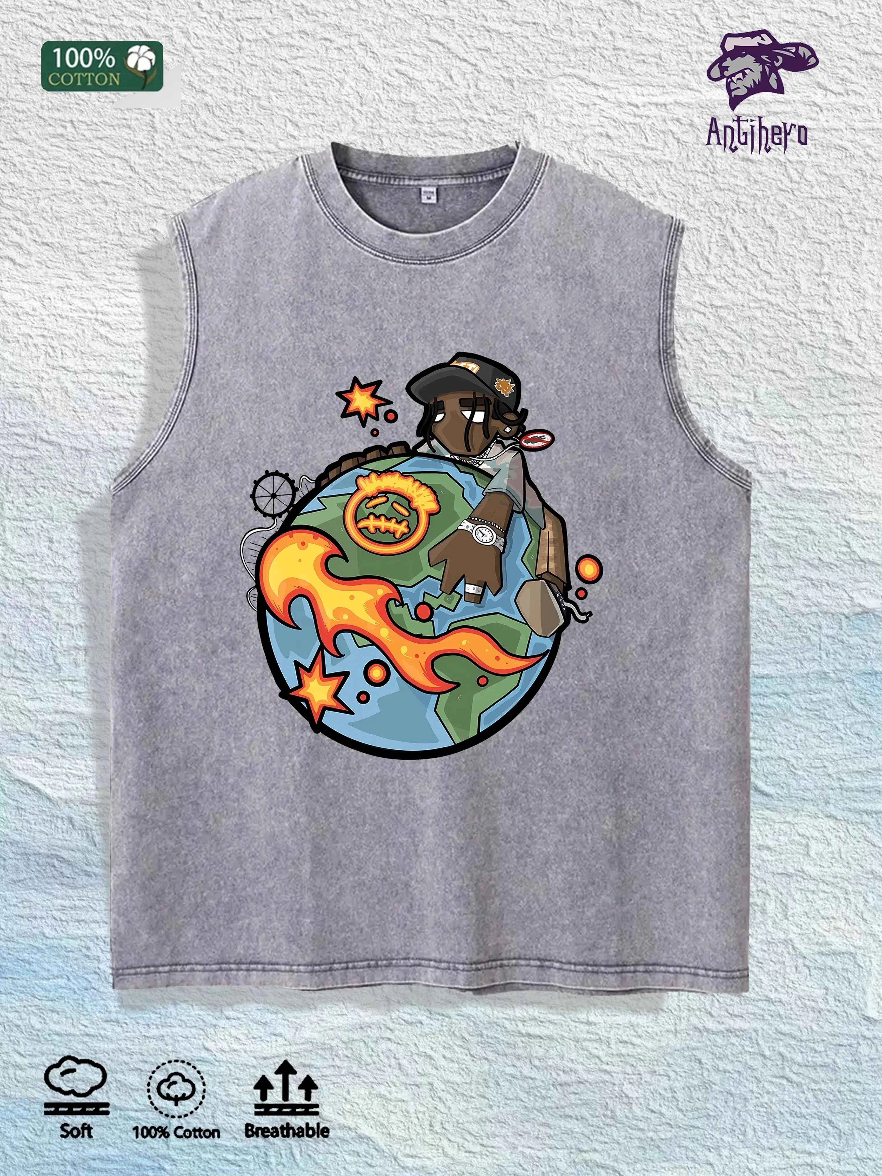 Cartoon Globe & Character Graphic Washed Vest US Warehouse 3 Colors Cotton Tank