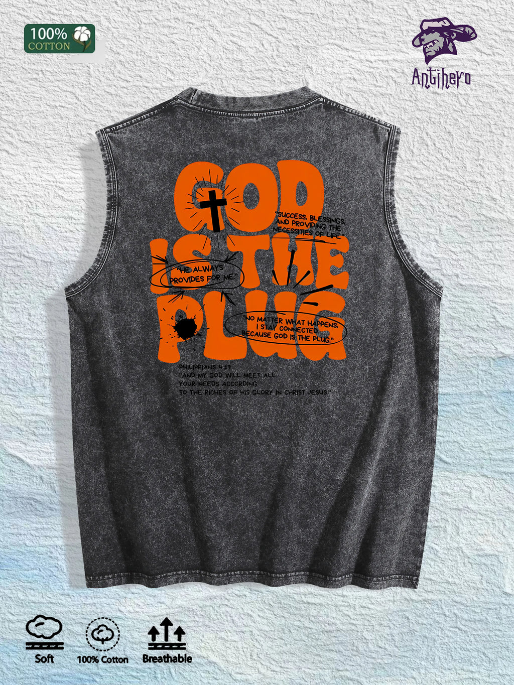 GOD IS the PLUG Graphic Washed Vest US Warehouse 3 Colors Cotton Tank