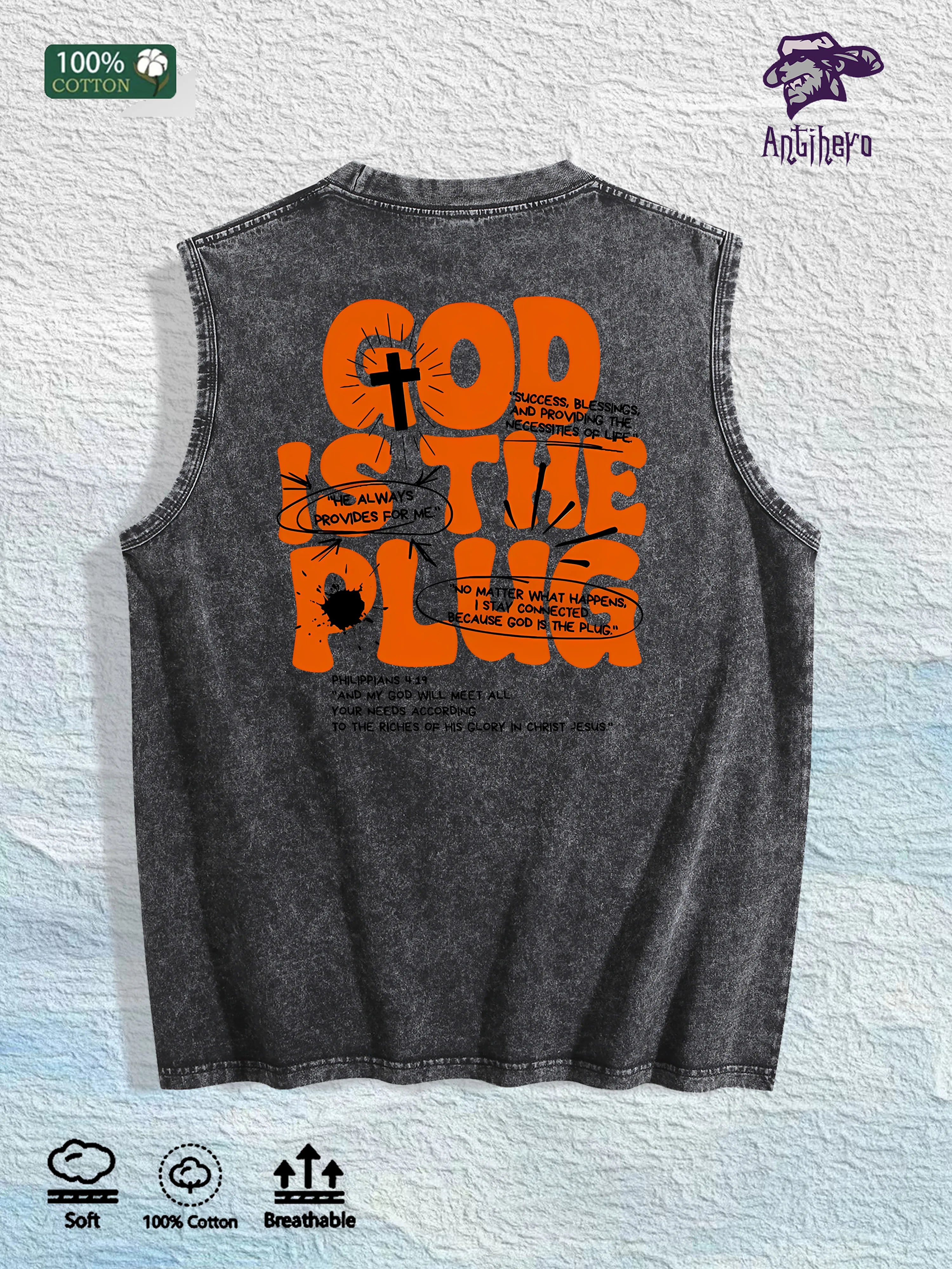 GOD IS the PLUG Graphic Washed Vest US Warehouse 3 Colors Cotton Tank