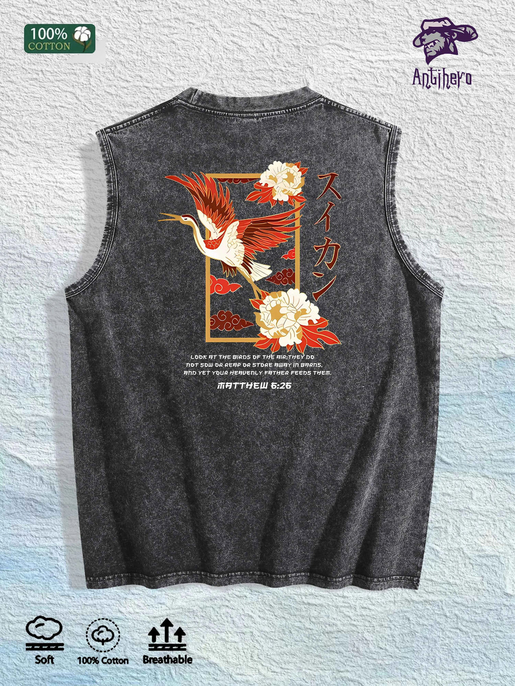Oriental Peony & Crane Graphic Washed Vest US Warehouse 3 Colors Cotton Tank