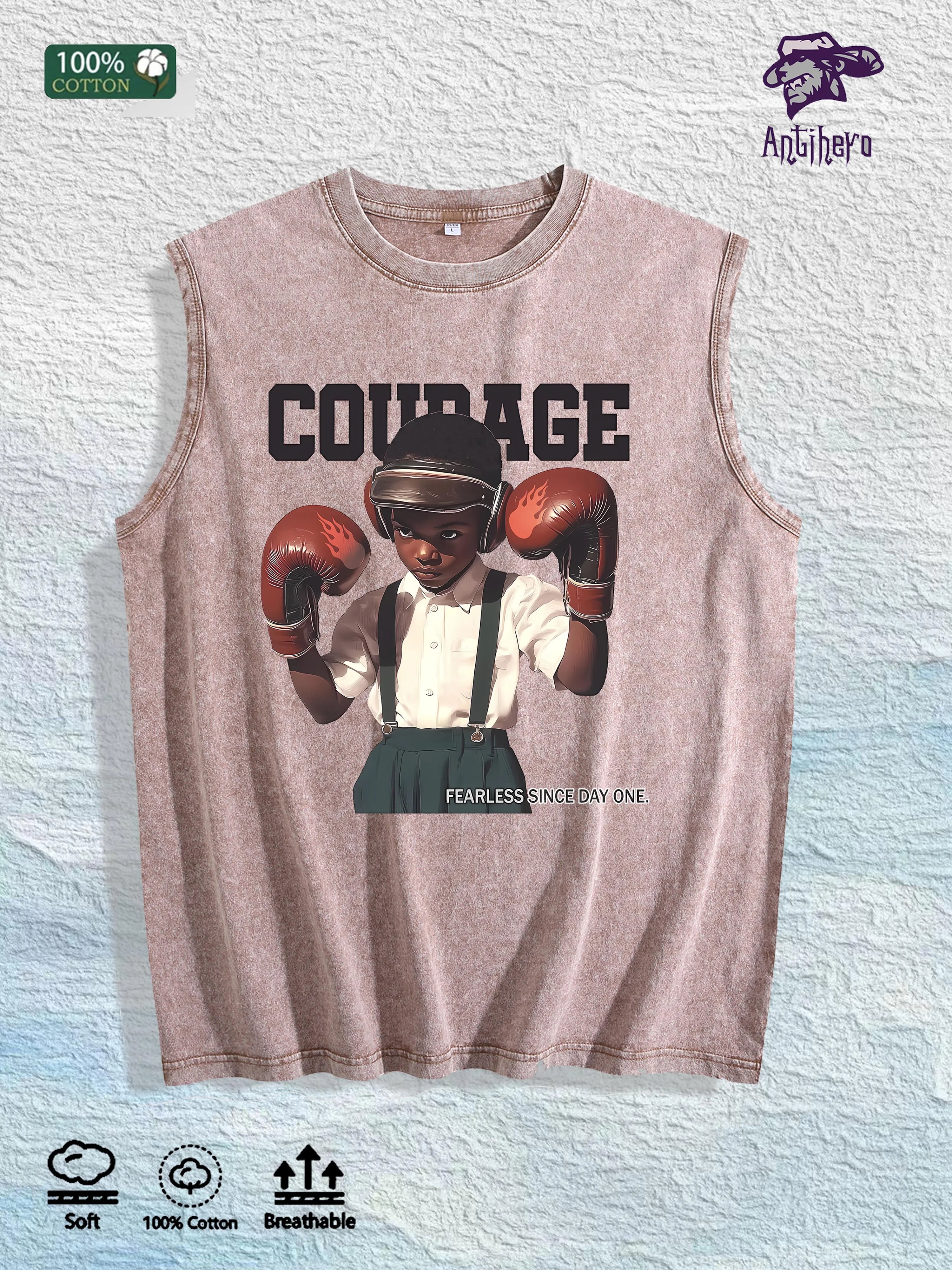COURAGE Fearless Graphic Washed Vest US Warehouse 3 Colors Cotton Tank