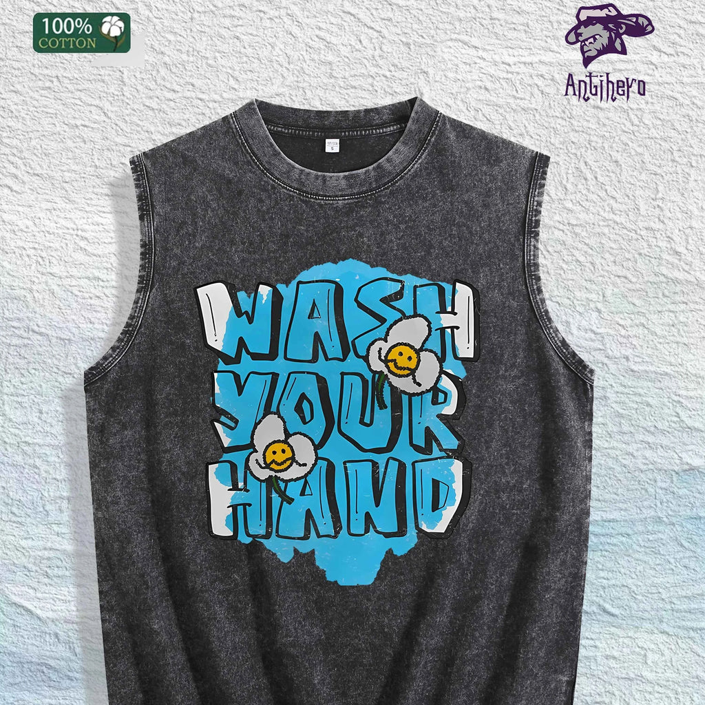 WASH YOUR HAND Graphic Washed Vest US Warehouse 3 Colors Cotton Tank
