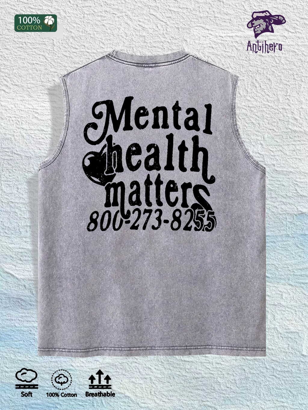 Mental Health Matters Graphic Washed Vest US Warehouse 3 Colors Cotton Tank