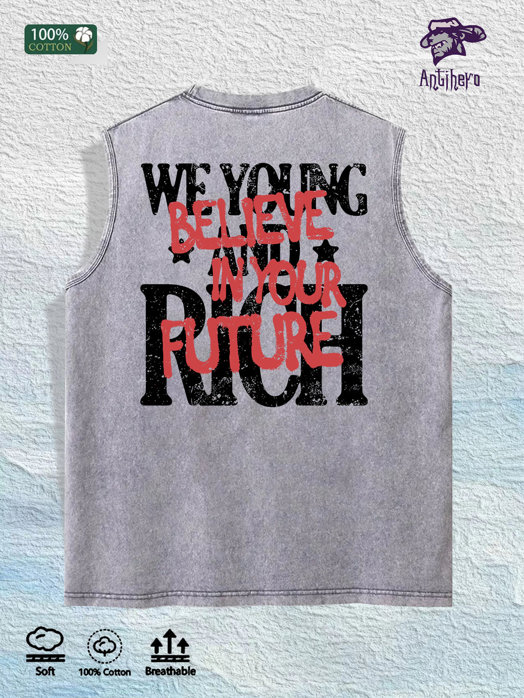 Young Rich Future Graphic Washed Vest US Warehouse 3 Colors Cotton Tank
