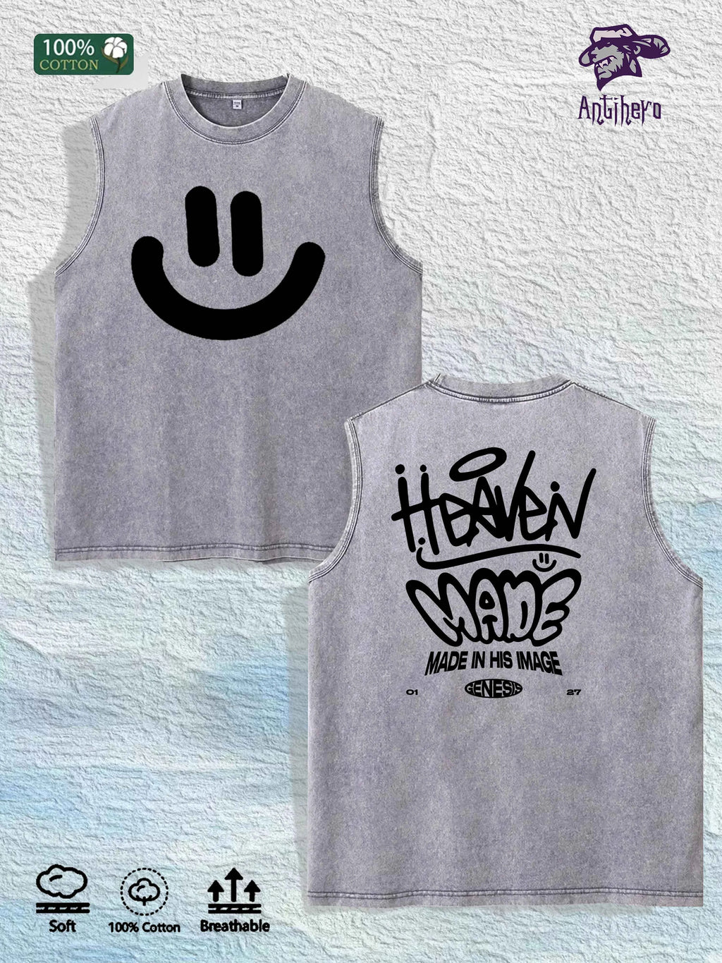 Heaven Made Graphic Washed Vest US Warehouse 3 Colors Cotton Tank