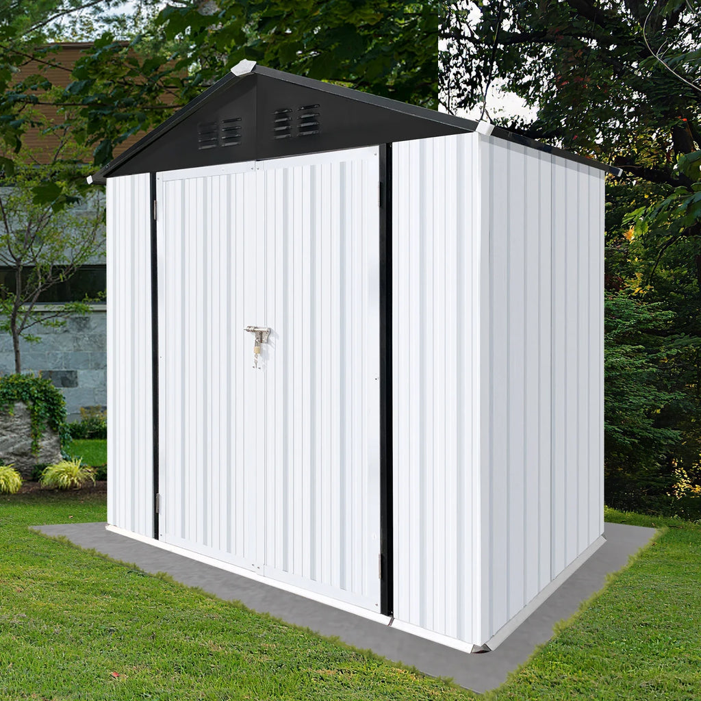 Outdoor Storage Sheds 4X6FT Apex Roof in Black Roof+White Walls With Floor Foundation