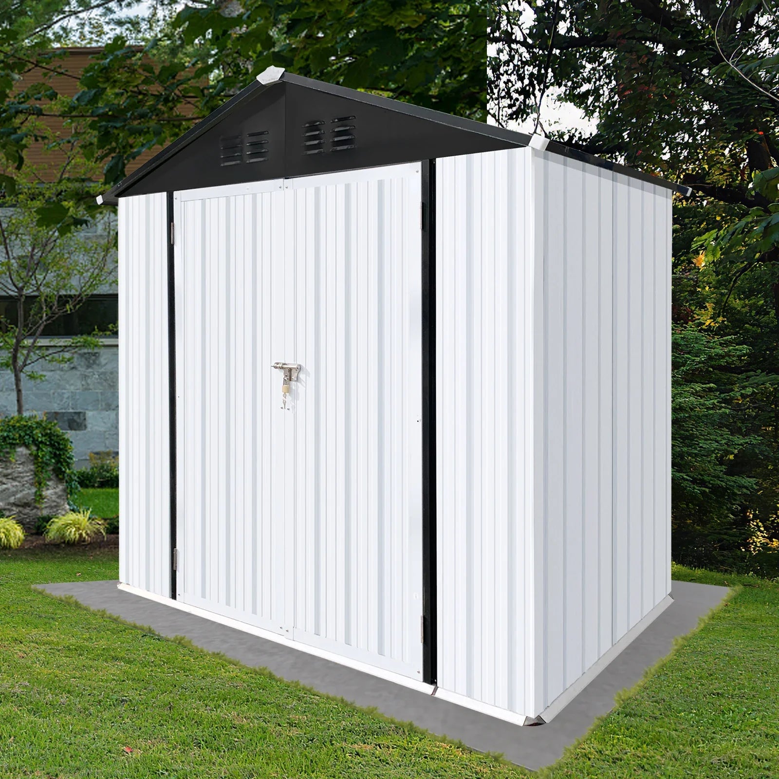 Outdoor Storage Sheds 4X6FT Apex Roof in Black Roof+White Walls With Floor Foundation